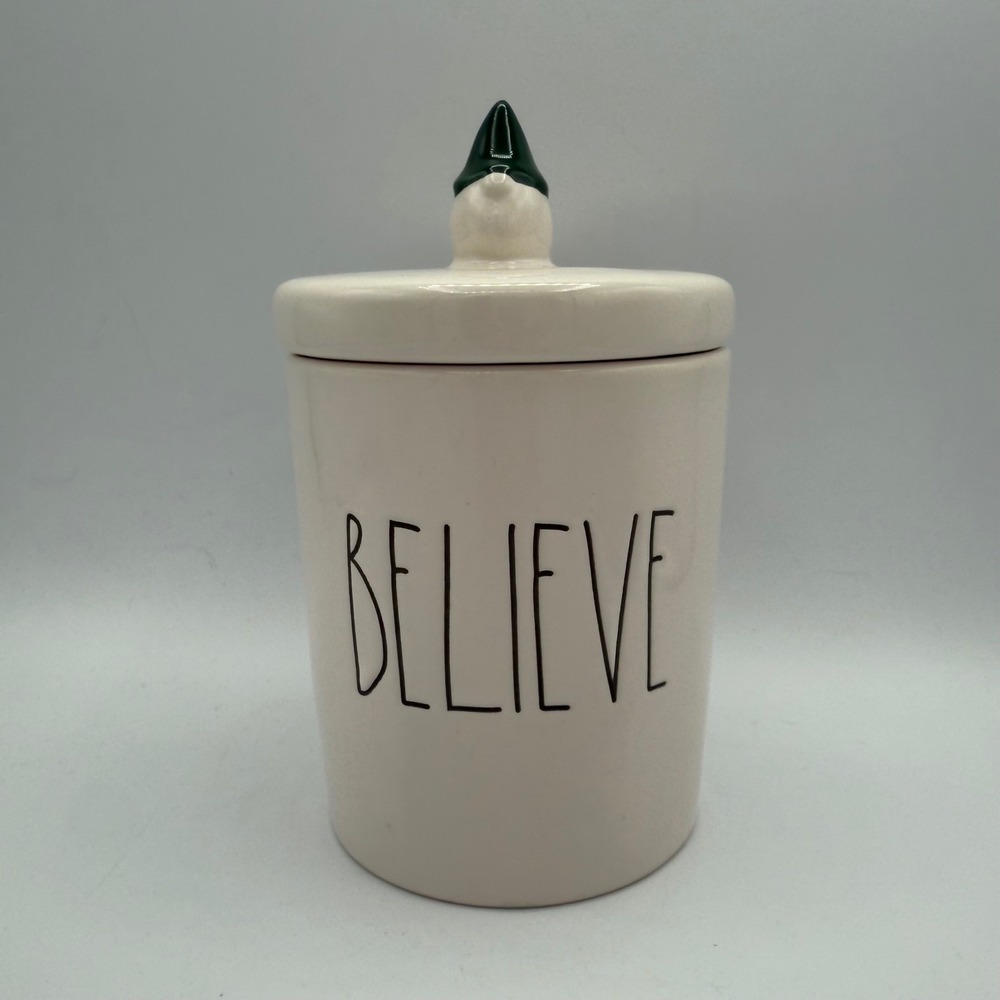 Rae Dunn "Believe" Artisan Collection Canister Jar Green Festive Gnome Ceramic